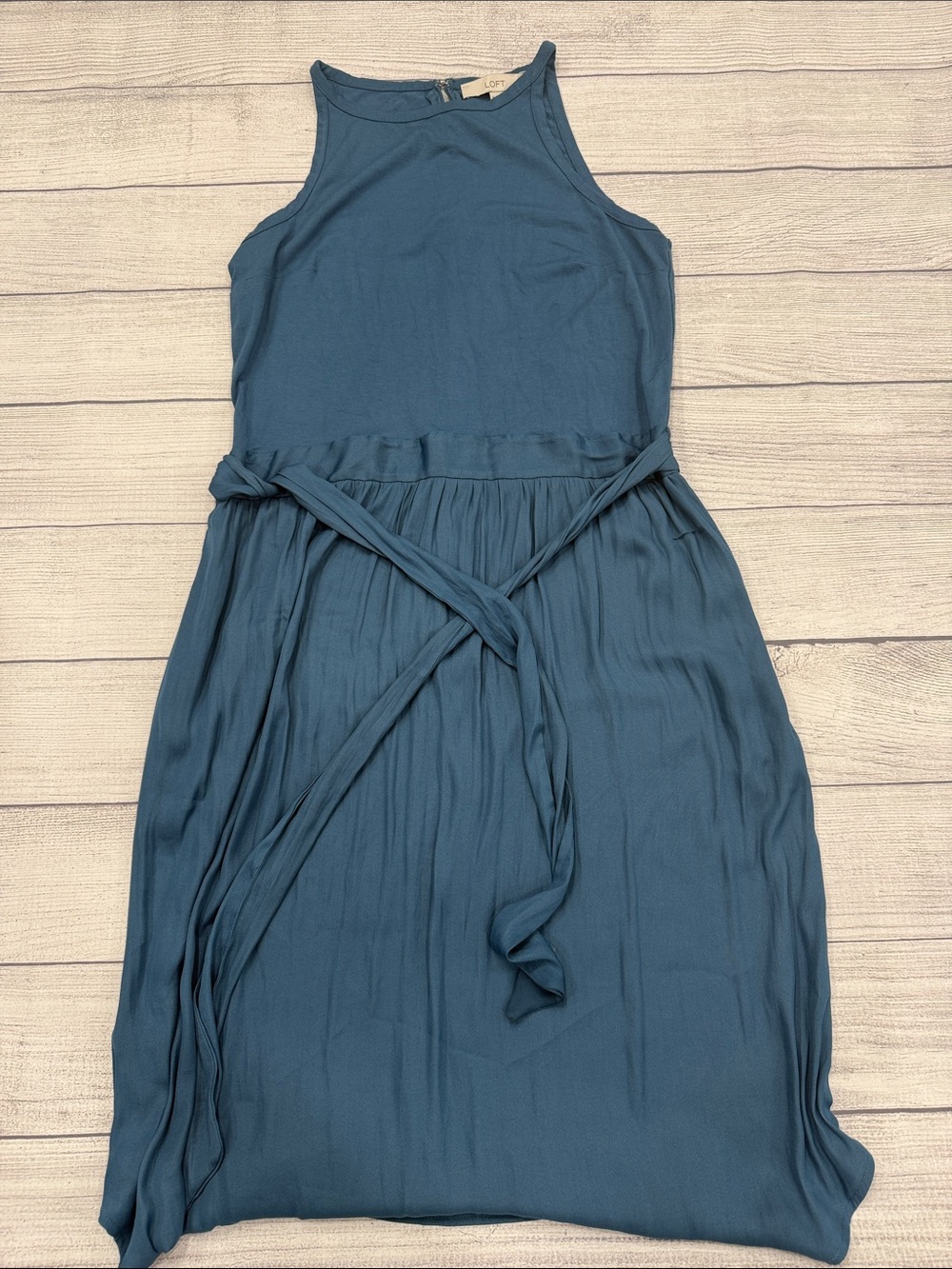 LOFT Blue Midi Dress Sleeveless Tie Waist Flowy Size 8
